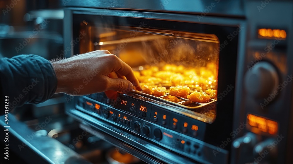 Close up of a hand checking food in an oven Close up of a hand checking food in an oven