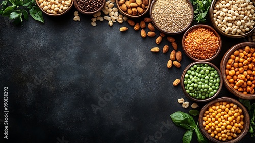 An overhead shot of various vegetarian foods like grains and nuts, with a large open area to the right for text