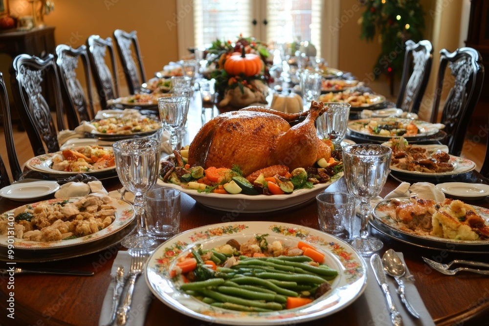 A panoramic view of a Thanksgiving feast table adorned with a beautifully roasted turkey as the cen A panoramic view of a Thanksgiving feast table adorned with a beautifully roasted turkey as the cen
