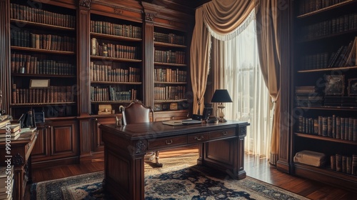 Colonial-Style Study Interior, featuring dark wood bookshelves, a large desk, elegant drapery, creating a formal yet inviting atmosphere for reading and working.