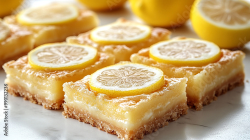 Delicious lemon bars with a buttery crust, topped with fresh lemon slices, perfect for dessert lovers and summer gatherings.