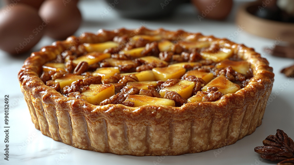 Delicious pecan pie with a golden crust and caramelized apple topping, perfect for desserts or holiday celebrations. Delicious pecan pie with a golden crust and caramelized apple topping, perfect for desserts or holiday celebrations.