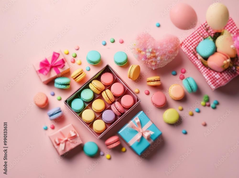 Macarons, gifts, and candy on a pink background. Macarons, gifts, and candy on a pink background.