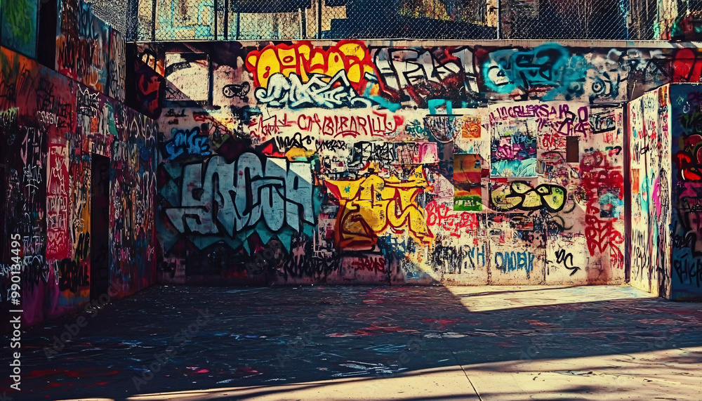 Fototapeta premium A graffiti-covered urban wall, showcasing vibrant colors, bold lines, and an edgy, artistic vibe