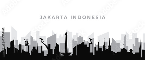 illustration of silhouette of jakarta indonesia city skyline sketch design.flat illustration of jakarta indonesia in silhouette design