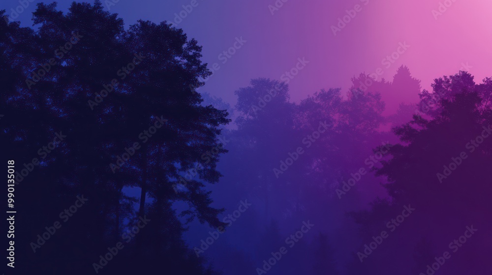 Foggy Forest Silhouettes at Twilight in Purple and Blue Tones – Peaceful Nature Landscape Foggy Forest Silhouettes at Twilight in Purple and Blue Tones – Peaceful Nature Landscape