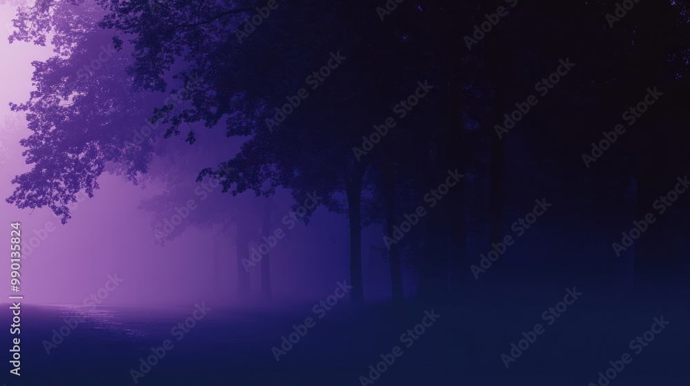 Misty Forest Pathway at Dusk with Purple and Blue Hues – Serene Nature Scene