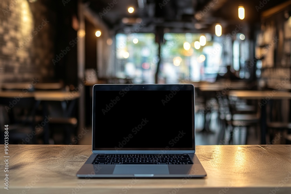 Blank laptop screen in a stylish café setting with blurred background Blank laptop screen in a stylish café setting with blurred background