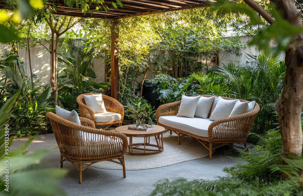Obraz premium A stylish garden seating area with comfortable outdoor furniture, surrounded by lush greenery and plants. The scene includes a sofa with white cushions, an armchair in light brown wicker material