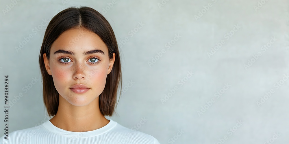 A high-resolution billboard, capturing a makeup model with a soft, flawless complexion, her portrait on the far left, with the right side reserved for promotional content A high-resolution billboard, capturing a makeup model with a soft, flawless complexion, her portrait on the far left, with the right side reserved for promotional content