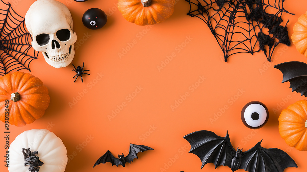 Halloween flat lay with decorations on orange background. Skull, bat wings, eyeball. Evokes spooky vibes. Halloween flat lay with decorations on orange background. Skull, bat wings, eyeball. Evokes spooky vibes.