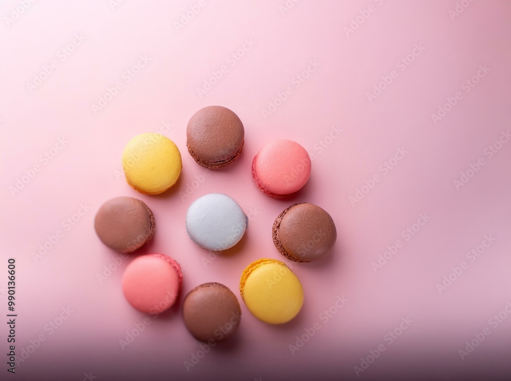 A close-up view of colorful macarons arranged in a circle on a pink background.