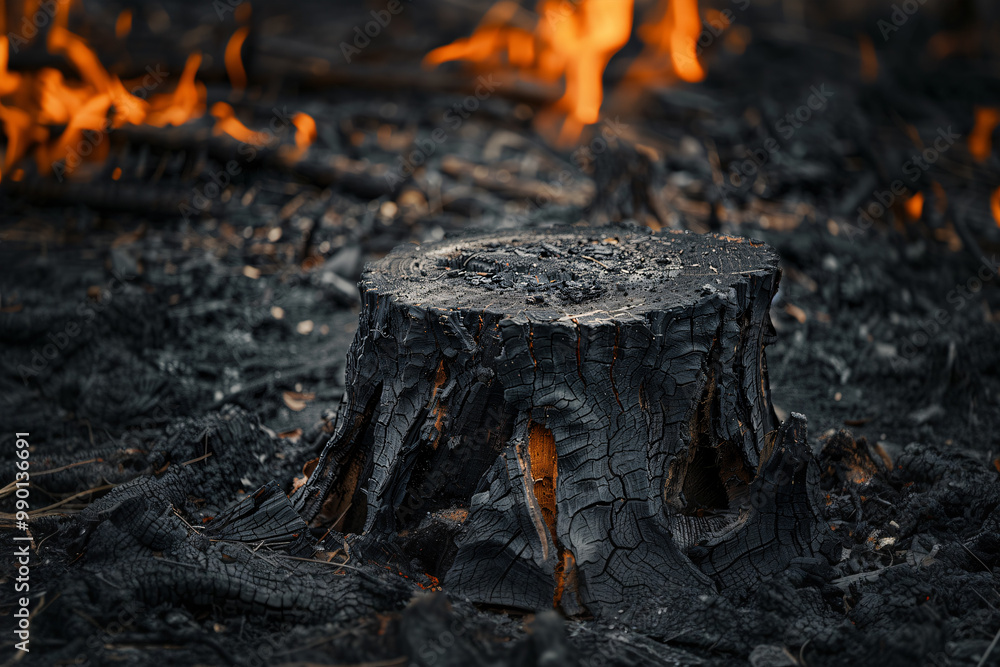 Black burned tree stump in forest with fire in background Black burned tree stump in forest with fire in background