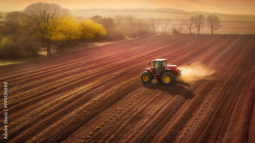 A red tractor is driving through a field of dirt A red tractor is driving through a field of dirt