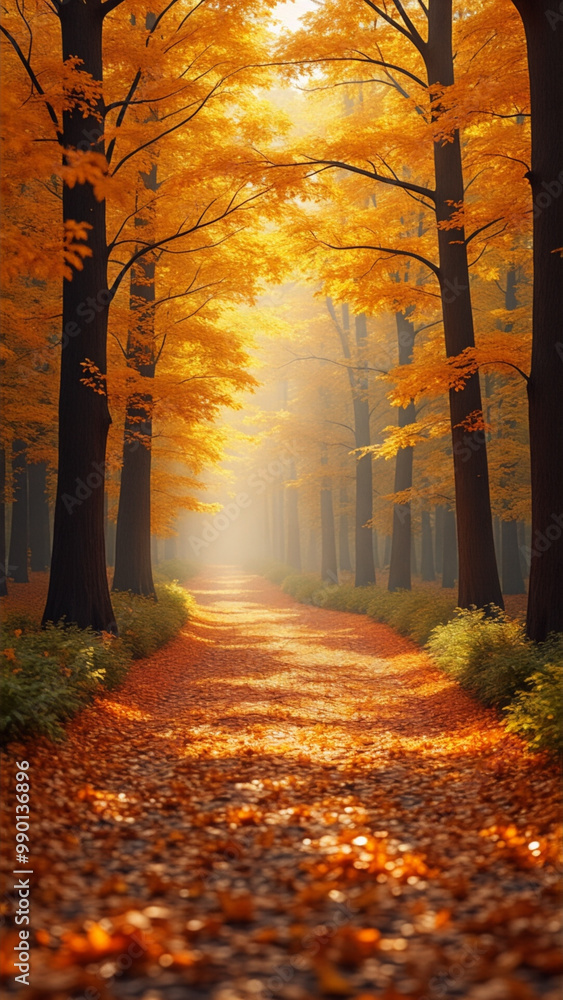 Fototapeta premium Path through a forest with trees that are orange and yellow
