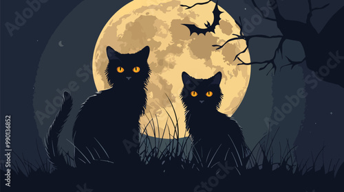 Free vector black cats and full moon halloween background, Happy Halloween