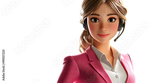 3D cartoon-style female customer service avatar in a pink suit, white shirt, confident with headset, HD render