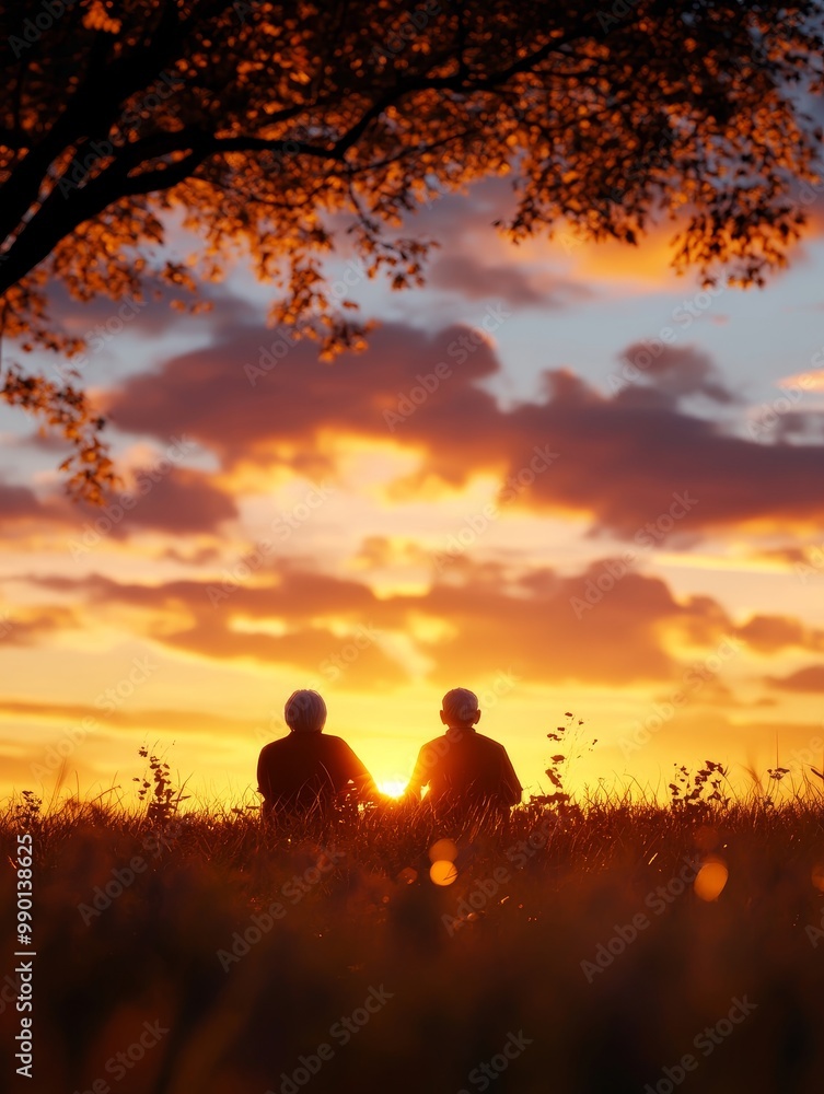Fototapeta premium Elderly couple enjoying a peaceful sunset symbolizing love, connection, tranquility, nature, memories.