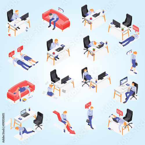 Burn-out syndrome isometric icons set with work symbols isolated vector illustration