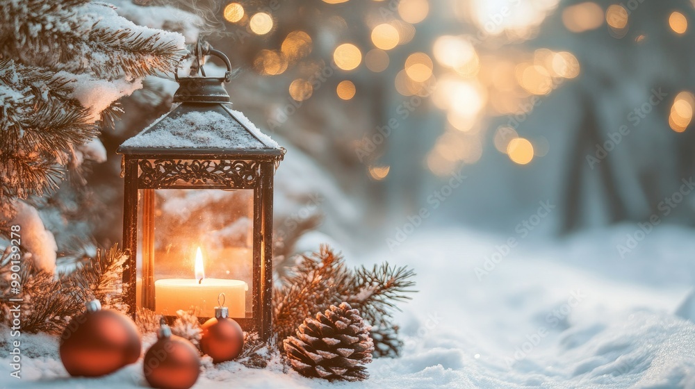 A Christmas lantern with a burning candle sits on a snow-covered path, surrounded by pinecones and ornaments. Space for festive wishes is left above. A Christmas lantern with a burning candle sits on a snow-covered path, surrounded by pinecones and ornaments. Space for festive wishes is left above.