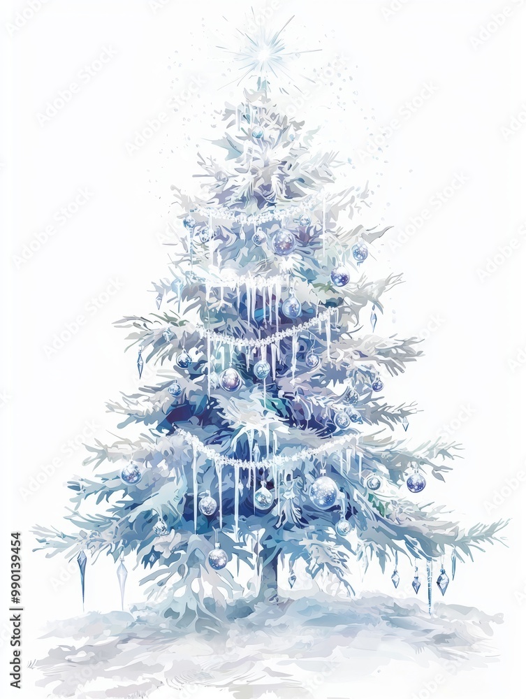 Fototapeta premium Crystal Christmas Tree: A 2D illustration of a Christmas tree decorated with crystal ornaments, icicles