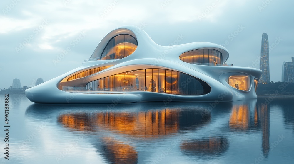 Fototapeta premium Futuristic Architectural Design of a House on Water