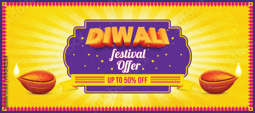 A glowing diya on a vibrant Happy Diwali Holiday Sale promotion background, celebrating the light festival of India.