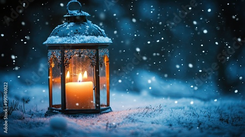 A decorated Christmas lantern with a burning candle glowing warmly in the cold night outdoors. Snow gently falls, with space for text above.