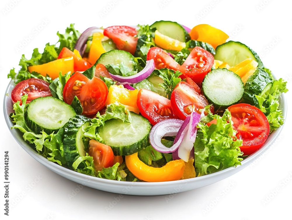 Fresh and vibrant vegetable salad, served on a white plate, isolated white background. Fresh and vibrant vegetable salad, served on a white plate, isolated white background.