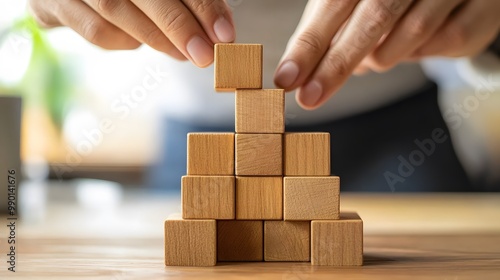 Hand Placing Wooden Block on Top of a Pyramid Structure photo