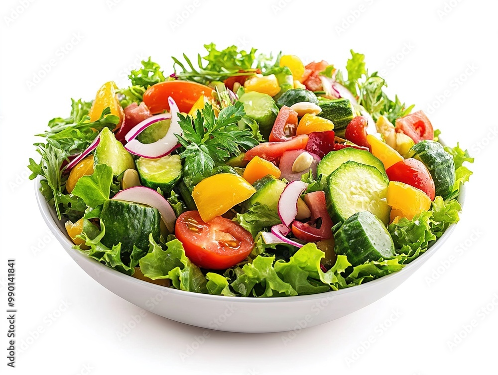 Fresh vegetable salad on a white plate, delicious and healthy, isolated on white background Fresh vegetable salad on a white plate, delicious and healthy, isolated on white background