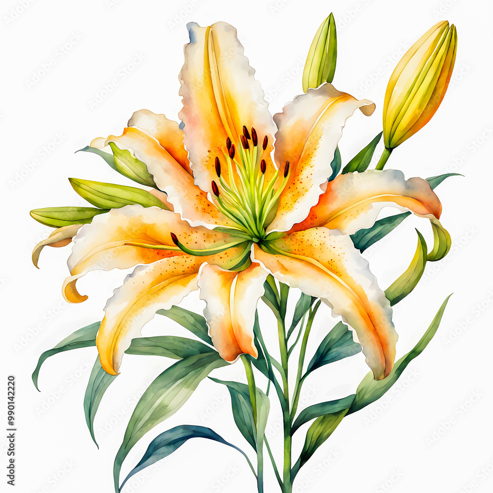 Watercolor painting of lily flower on white background. Watercolor painting of lily flower on white background.