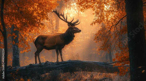 A majestic red deer standing on a fallen tree trunk in a misty autumn forest, illuminated by early morning light.