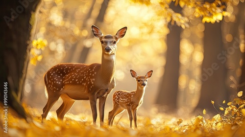 A mother red deer standing protectively next to her fawn in an autumn forest, surrounded by golden leaves.