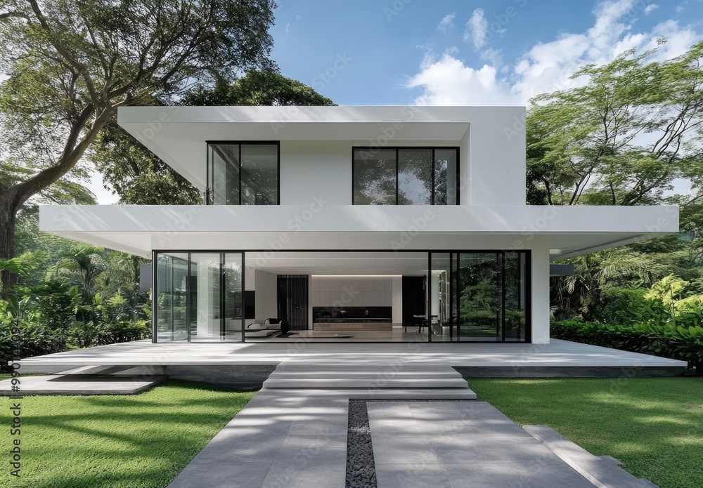 Fototapeta premium A modern house features white walls and floor tiles with large glass windows. A covered carport is located on the left side of the entrance gate, leading to the home's back garden area.