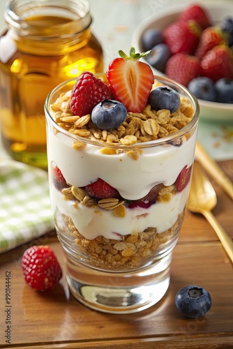 Layered parfait with yogurt, granola, and berries.