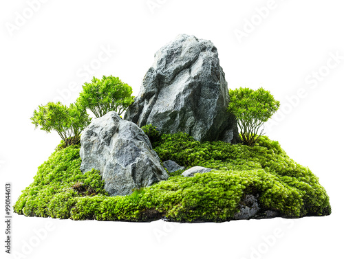 Moss growing around small rocks, detailed and isolated on transparent background.