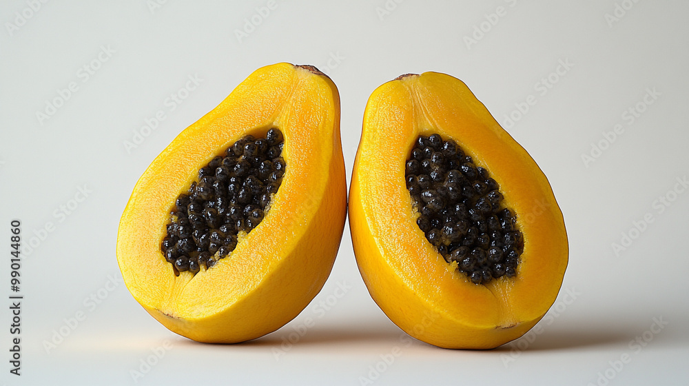 Vibrant halved papaya showcasing its juicy flesh and tiny black seeds, perfect for fresh dishes or tropical themes. Vibrant halved papaya showcasing its juicy flesh and tiny black seeds, perfect for fresh dishes or tropical themes.