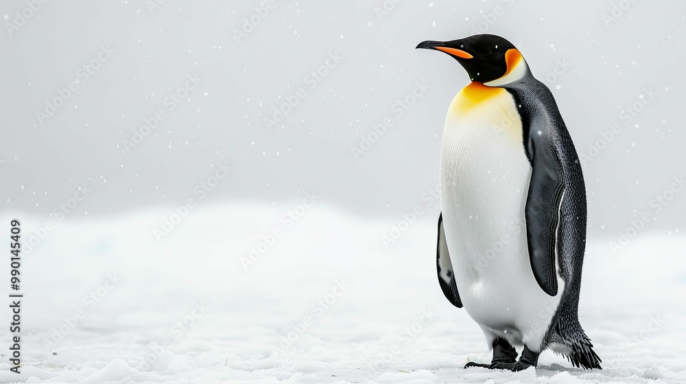 Fototapeta premium A King Penguin Standing in Snow During a Light Snowfall