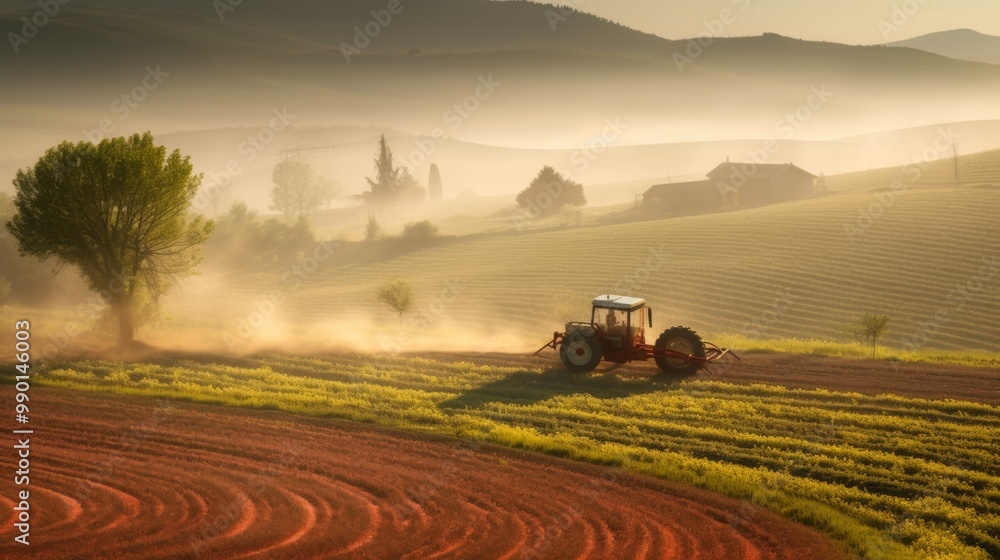 Fototapeta premium A red tractor is driving through a field of dirt