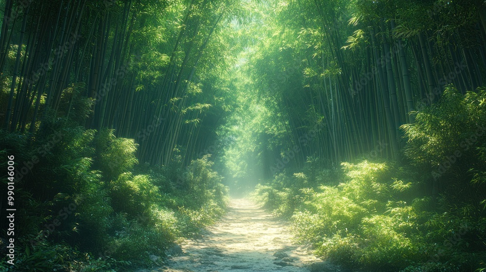 Obraz premium Lush bamboo forest pathway with soft light filtering through trees.