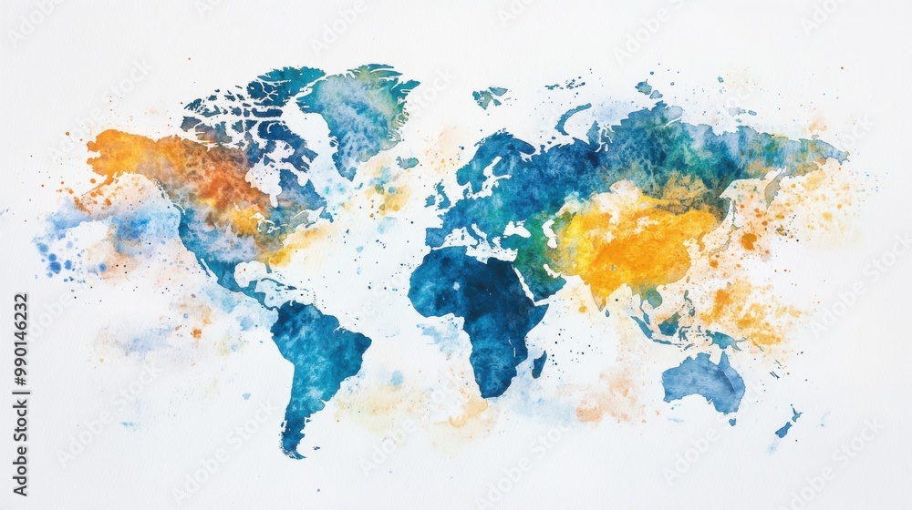 Fototapeta premium Colorful watercolor world map depicting continents and oceans in vibrant hues, ideal for creative projects and educational purposes