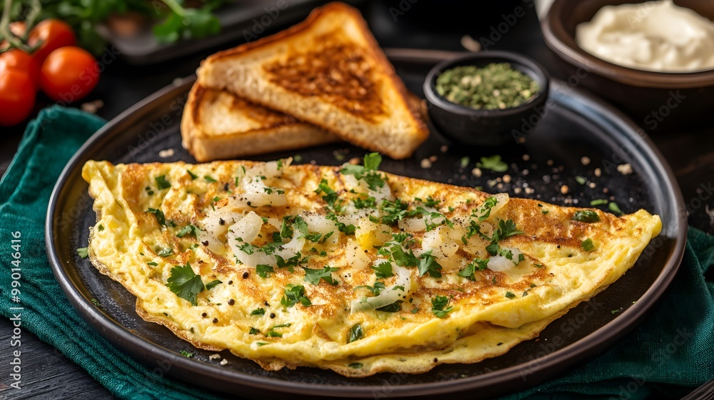 A delicious omelet with cheese, herbs, and toast on a black plate with a side of sour cream and chopped parsley.
