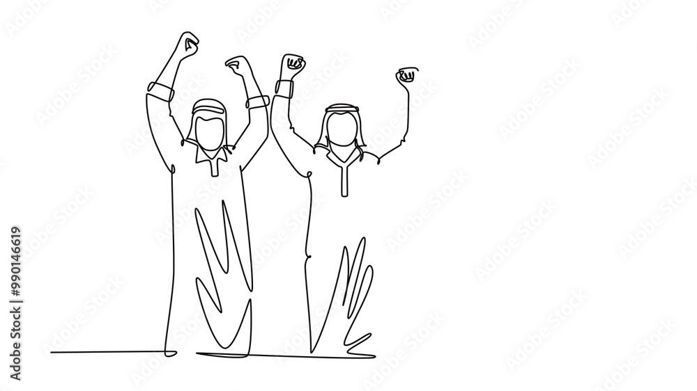 Animated self drawing of continuous line draw of young happy Moslem marketing team standing and raise hand together. Celebrate business sales company target achievement. Full length one line animation Animated self drawing of continuous line draw of young happy Moslem marketing team standing and raise hand together. Celebrate business sales company target achievement. Full length one line animation