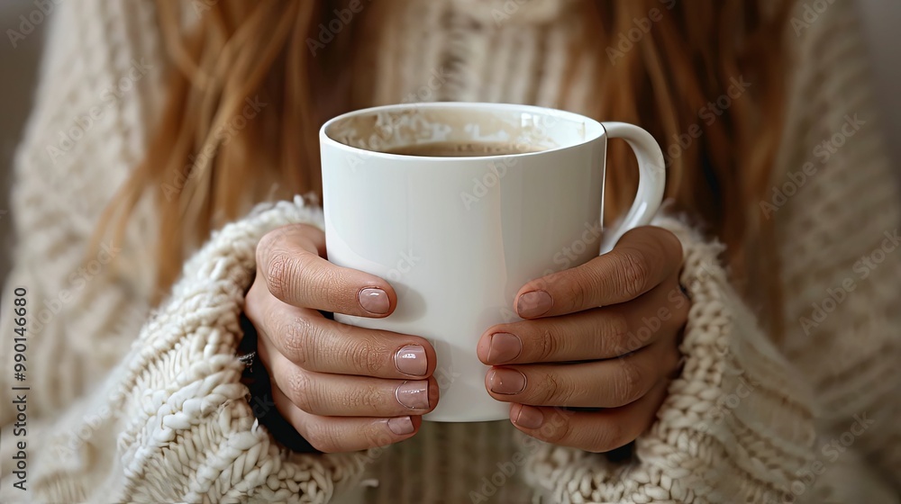 Closeup of a woman's hands holding a white mug of coffee Closeup of a woman's hands holding a white mug of coffee