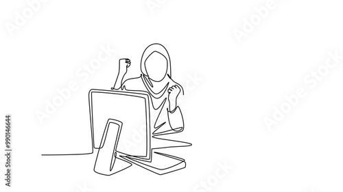 Animated self drawing of continuous line draw of Moslem male and female marketer celebrate increasing product sales. Happy Arabian business couple raise hand together. Full length one line animation photo