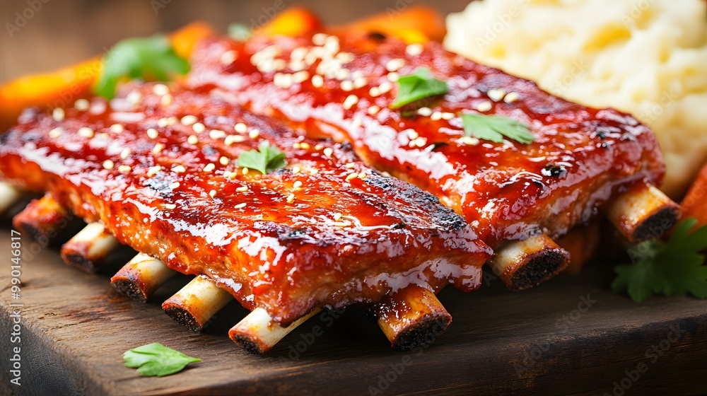 Close-up of three juicy, glazed pork ribs on a wooden cutting board with mashed potatoes and sweet potato fries. Close-up of three juicy, glazed pork ribs on a wooden cutting board with mashed potatoes and sweet potato fries.