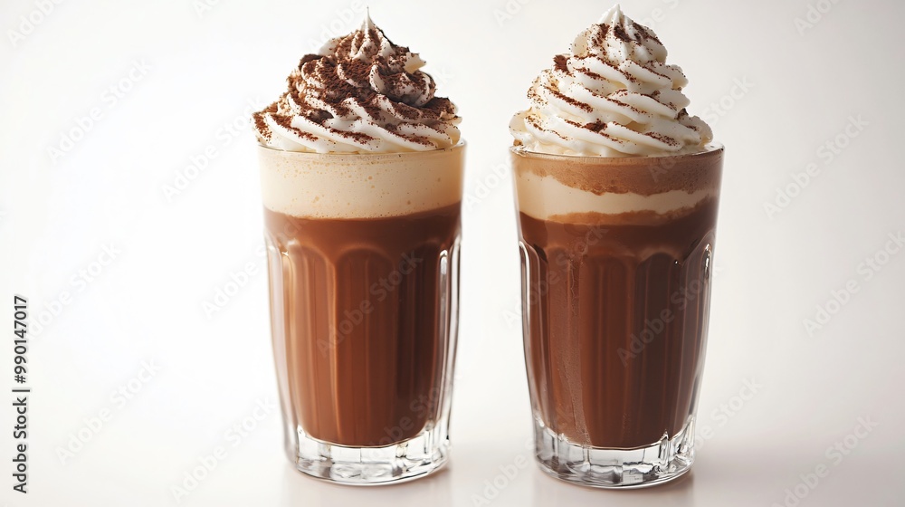 Two glasses of iced coffee with whipped cream and chocolate powder on top. Two glasses of iced coffee with whipped cream and chocolate powder on top.