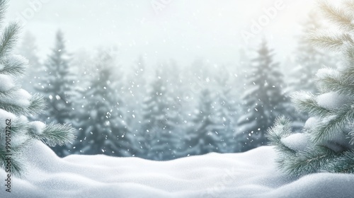 blur white snow and pine forest winter background. Christmas and new year backdrop for festive seasonal decoration