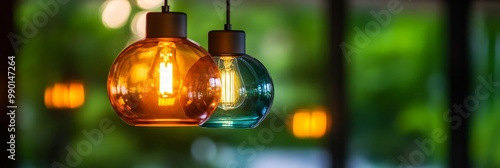 Modern Glass Pendant Light Fixture in Interior Design with two glass pendant lights hanging in front of a blurred green background